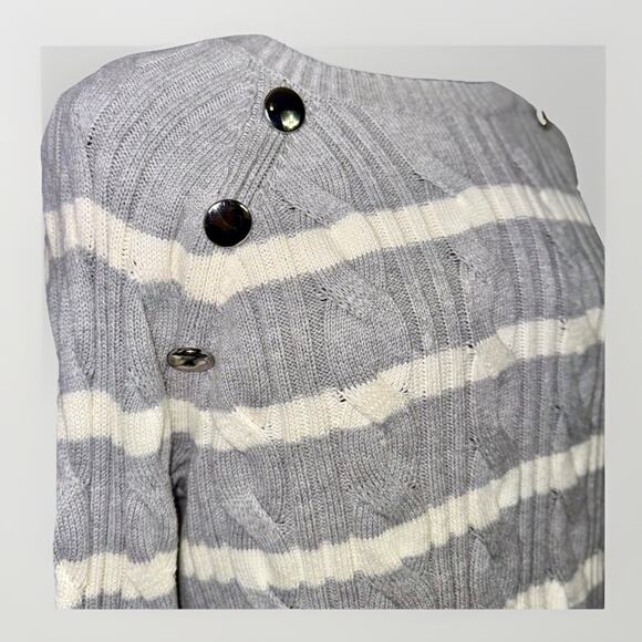 TALBOTS Large Chunky Cable Knit Striped Gray Silver Button Pullover Sweater Top - Picture 3 of 6